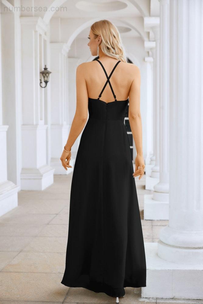 Vestido de Festa Comprido até ao Chão para Damas de Honra, em Chiffon, com Alças Finas, Decote em V e Fenda Frontal, para Baile, Festa e Casamento 28116
