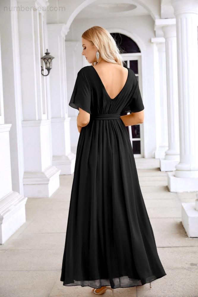 Robe de soirée longue jusqu'au sol pour demoiselle d'honneur, manches en mousseline, encolure ronde, fente avant, pour mariage et fête 28124