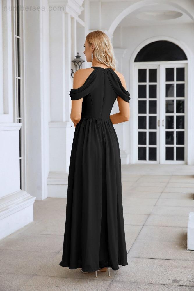 Abito da sera da damigella in chiffon con spalle scoperte, maniche a campana e spacco frontale, abito da festa nuziale 28117