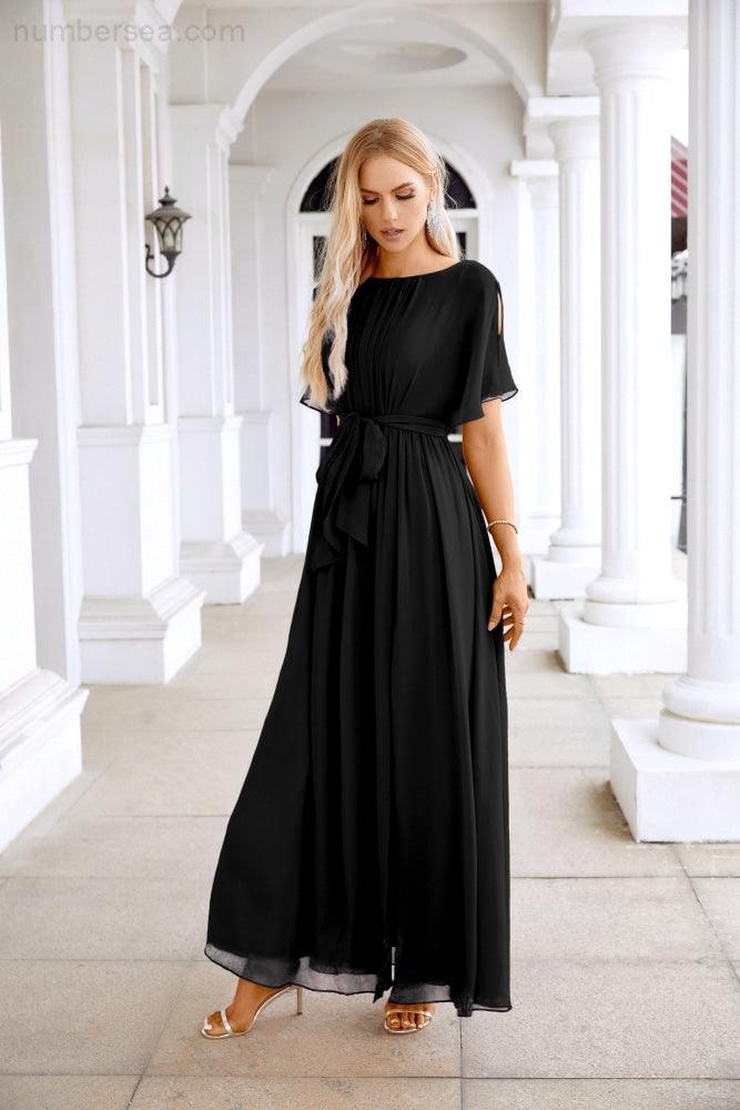 Robe de soirée longue jusqu'au sol pour demoiselle d'honneur, manches en mousseline, encolure ronde, fente avant, pour mariage et fête 28124