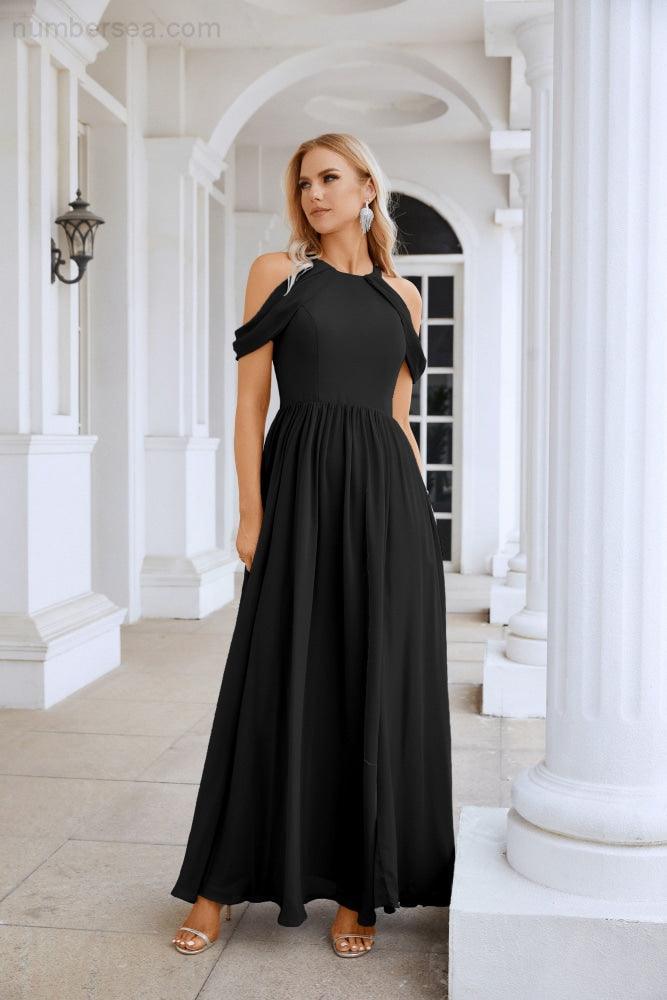 Abito da sera da damigella in chiffon con spalle scoperte, maniche a campana e spacco frontale, abito da festa nuziale 28117