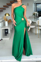 Abito Midi in Satin Satinato con Spalla Scoperta, Drappeggio a Spirale, Taglio Laterale e Fessura