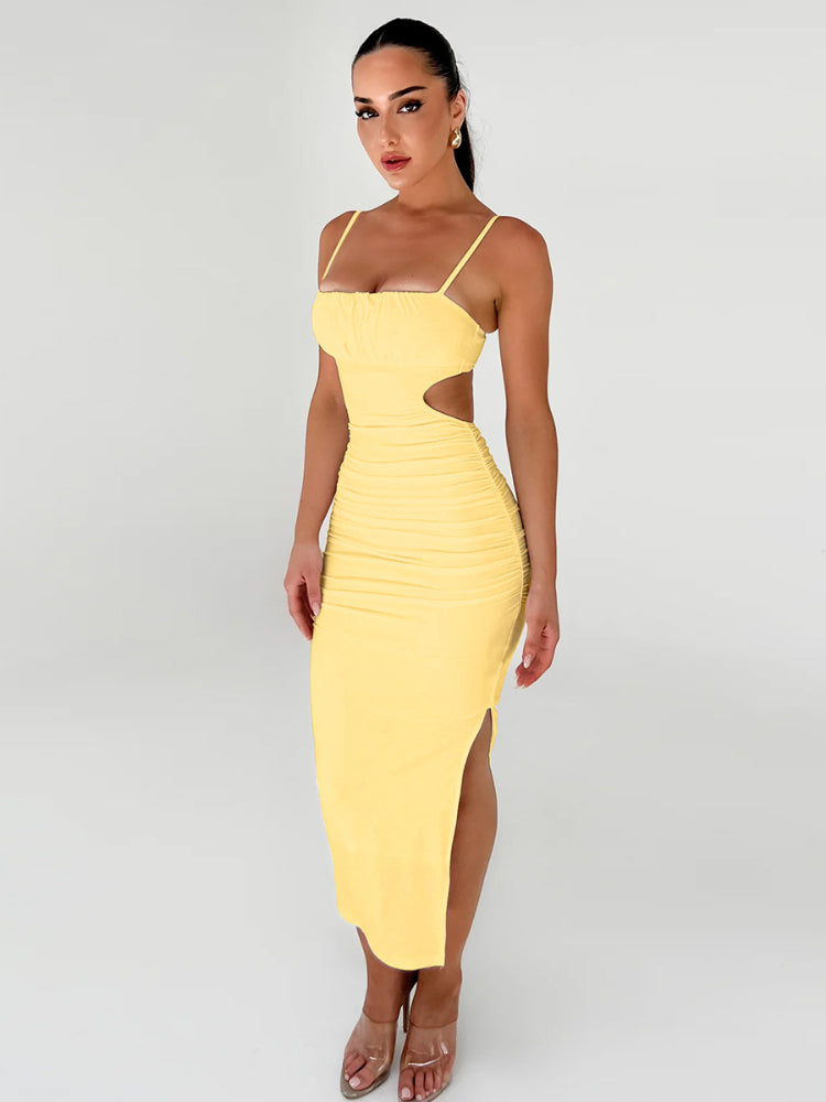 Tossy Women's Backless Cut Out Bodycon Maxi Dress Fashion Sleeveless Spaghetti Strap Ruched Side Slit Hem Evening Dress Female