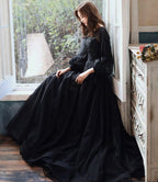 Black lace long prom dress A line evening gown Y1294