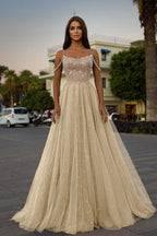 Tulle Spaghetti Strap Sleeveless A Line Prom Dress With Sequins Beads