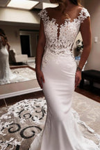 Bmbridal Satin Mermaid Wedding Dress Sleeveless Jewel Neck Chapel Train Lace
