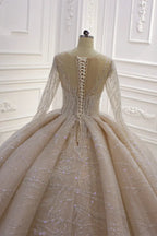 Glamorous Bateau Long Sleeve Floor Length Ball Gown Wedding Dress With Ruffles
