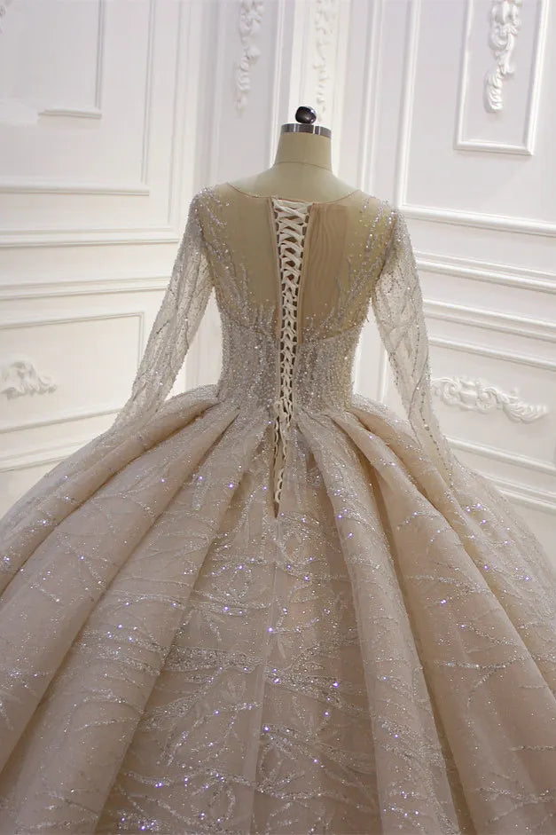 Glamorous Bateau Long Sleeve Floor Length Ball Gown Wedding Dress With Ruffles