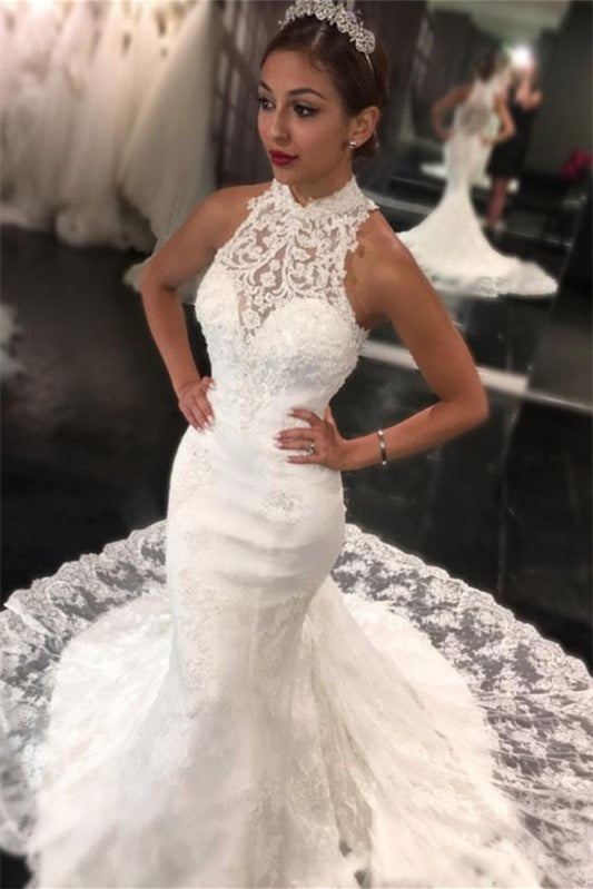 High Neck Sleeveless Mermaid Long Lace Wedding Dress With Appliques