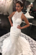 High Neck Sleeveless Mermaid Long Lace Wedding Dress With Appliques