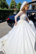 White Lace V Neck A Line Wedding Dress With Long Sleeves