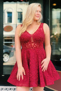 A-line Red Lace Homecoming Dress with Sheer Back