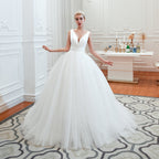 Charming V Neck Wide Straps Deep Floor Length A Line Tulle Wedding Dress