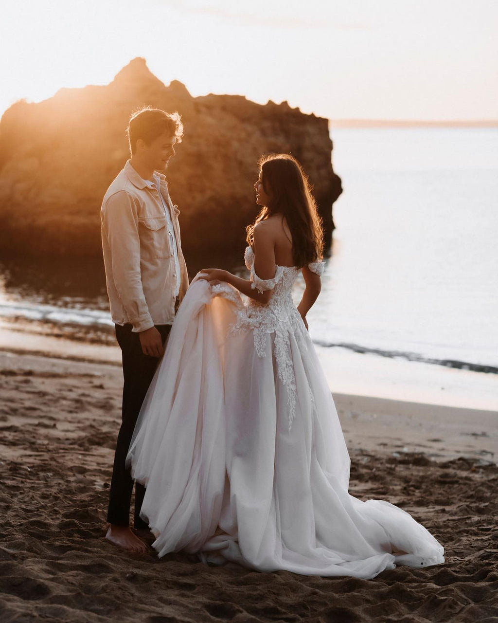 Glamorous Tulle Off The Shoulder Train Aline Wedding Dress With Lace Appliques