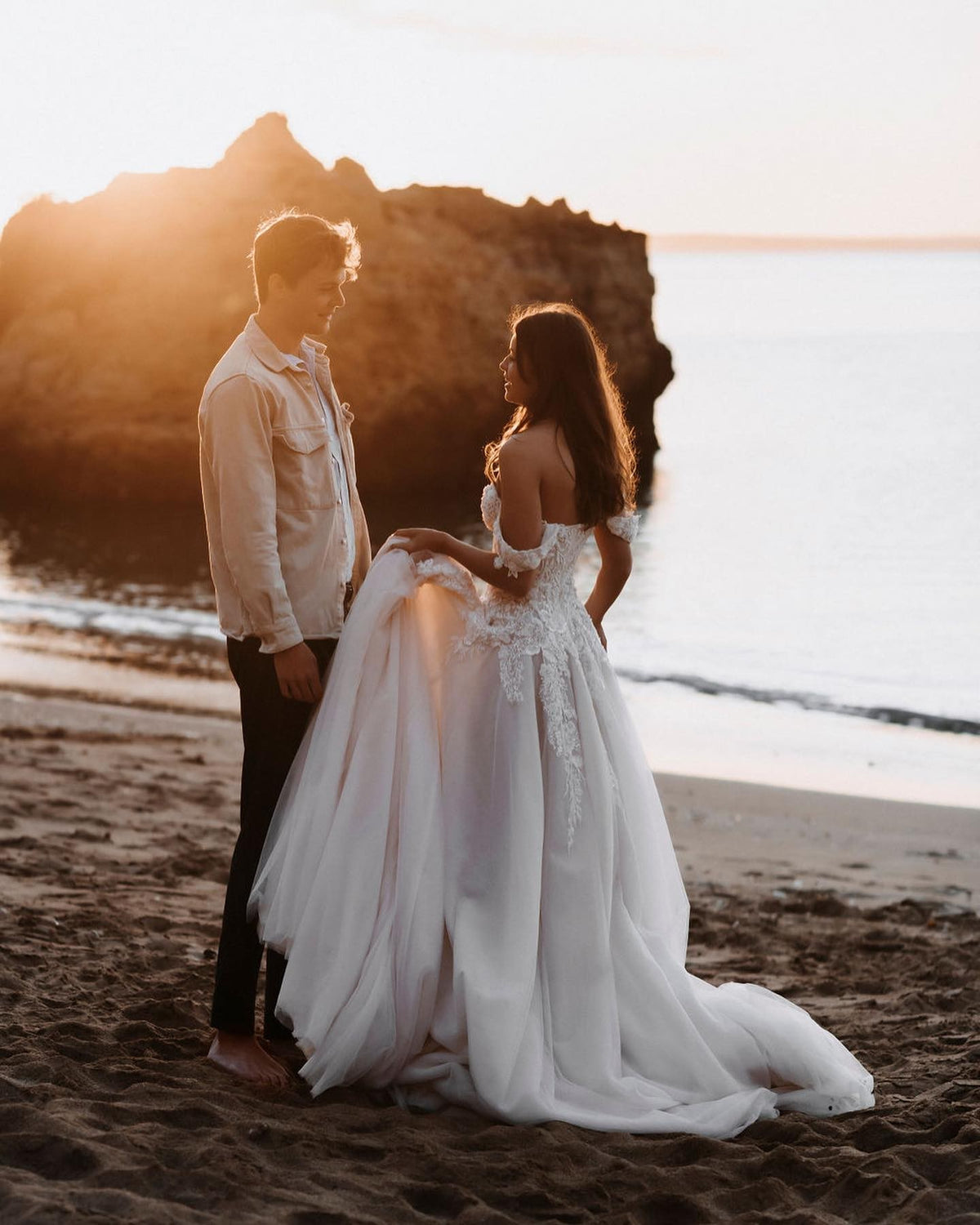 Glamorous Tulle Off The Shoulder Train Aline Wedding Dress With Lace Appliques