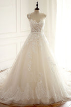 Vintage Jewel Tulle Long A Line Wedding Dress With Appliques Lace
