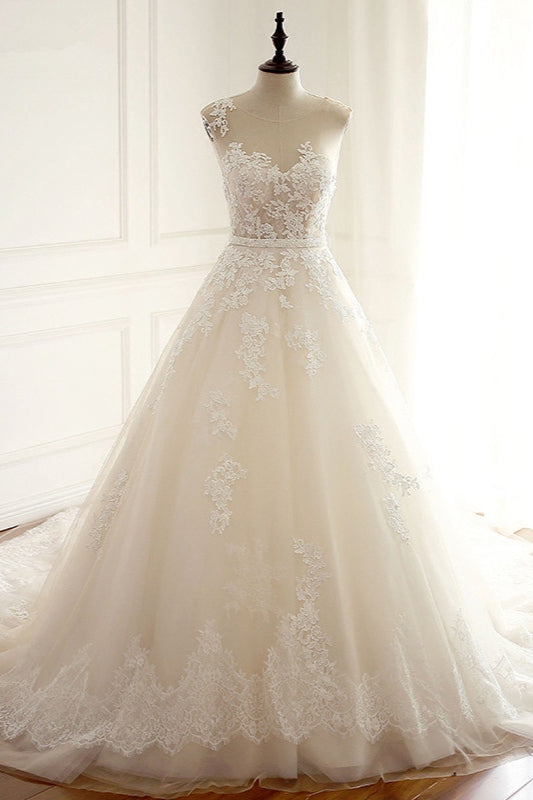 Vintage Jewel Tulle Long A Line Wedding Dress With Appliques Lace