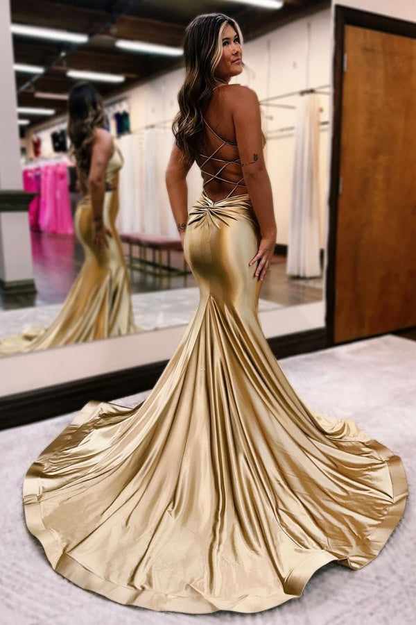 Elegante abito lungo da sera a sirena con scollo a V e schiena scoperta