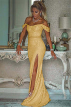 Pink Sequins Off Shoulder Mermaid Prom Dress With Slit Custom Colors And Sizing