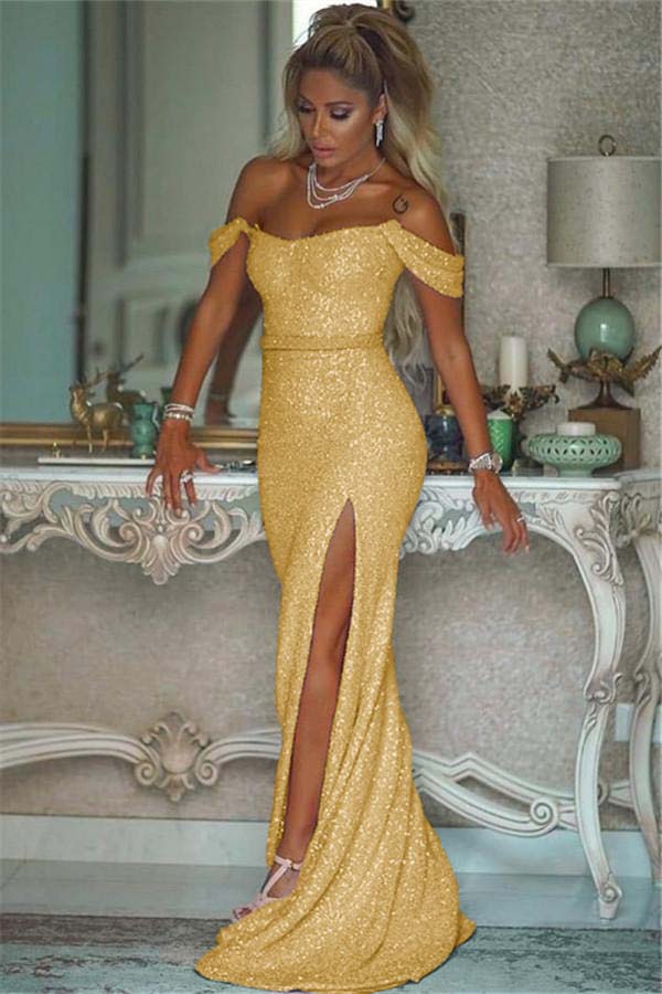 Pink Sequins Off Shoulder Mermaid Prom Dress With Slit Custom Colors And Sizing