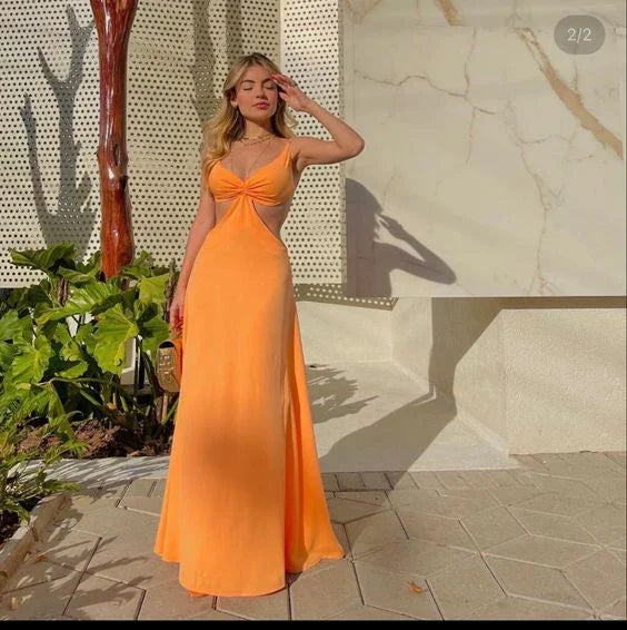Vestido longo simples de baile laranja com decote em V Vestido de noite laranja Y6255