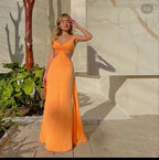 Vestido longo simples de baile laranja com decote em V Vestido de noite laranja Y6255