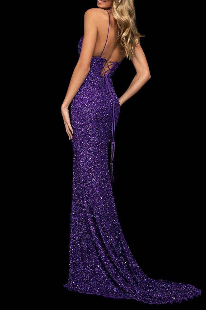 Abito da sera sexy formale in paillettes solido, senza schienale, con scollo a V e spacco
