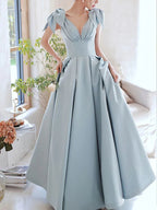 Blue V Neck Satin Long Prom Dress Blue Satin Evening Dresses Y4780