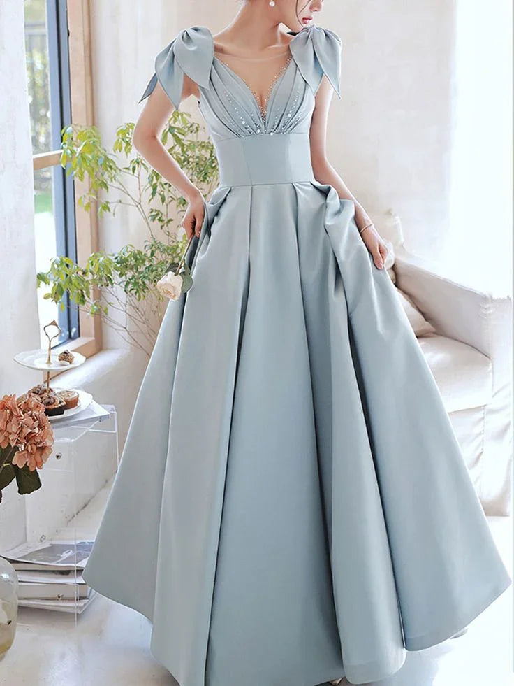 Blue V Neck Satin Long Prom Dress Blue Satin Evening Dresses Y4780
