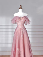 Vestido de Festa Longo Rosa Doce em Tule com Lantejoulas e Contas, Corte em A, Ombros Descobertos Y8643