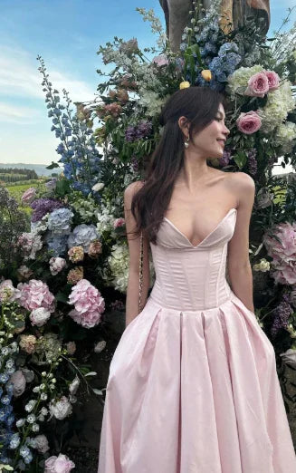 Abito lungo da sera elegante rosa senza spalline a linea ad A Abito da ballo Abbigliamento per compleanno Y7531
