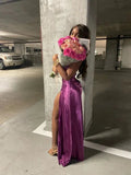 فستان سهرة نسائي بدون أكمام بحمالات رفيعة وشق Y4275