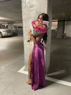 فستان سهرة نسائي بدون أكمام بحمالات رفيعة وشق Y4275