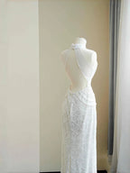Classy White Sequins Pearls Chain Sheath Long Prom Dress Evening Dress Y8670