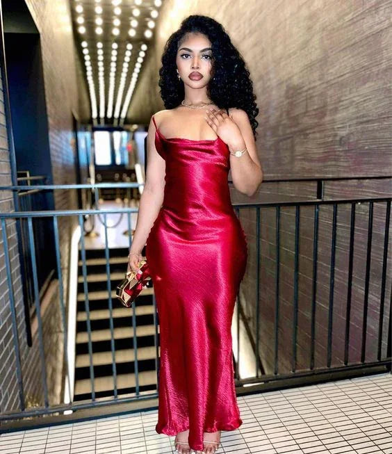 Vestido Longo de Festa Vermelho Sedoso com Alças Finas Estilo Sereia Y6256