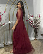 Vestido de noche burdeos bonito de un solo hombro con tul y lentejuelas, abertura, vestido de baile Y7826