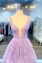 Robe de bal longue en dentelle violette à encolure en V, robe de soirée formelle en dentelle lilas, robe du soir violette Y200