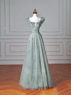 Vestido de Baile Verde Claro Bonito com Decote Quadrado em Tule e Contas, Modelo Linha A, Vestido de Noite Y8612