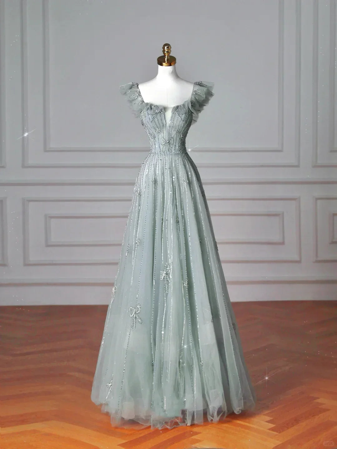 Vestido de Baile Verde Claro Bonito com Decote Quadrado em Tule e Contas, Modelo Linha A, Vestido de Noite Y8612
