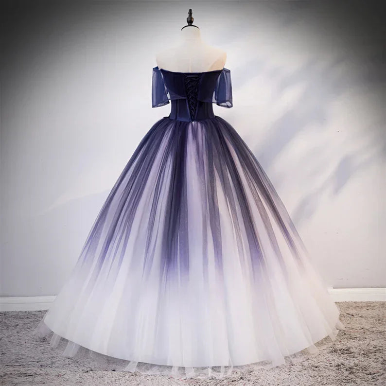 Vestido de Tule com Renda Floral e Contas Ombre, Vestido de Quinceañera, Vestido de Baile Y1935