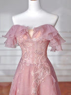 Vestido de Festa Longo Rosa Doce em Tule com Lantejoulas e Contas, Corte em A, Ombros Descobertos Y8643