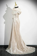 Charming Champagne Off The Shoulder Satin Prom Dress Mermaid Evening Gown Y8202