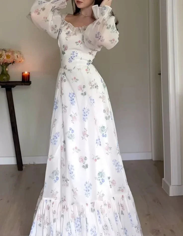 Vestidos de Baile Formais de Manga Comprida com Folhos e Estampa de Flores em Chiffon Bonito Vestido de Noite Y8153