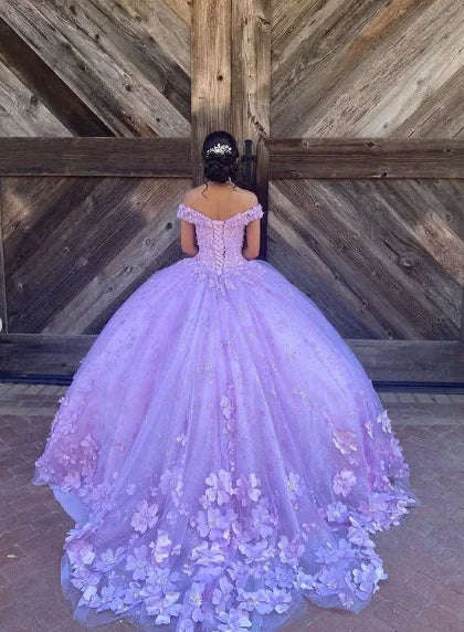 Vestido de Baile Luxuoso de Alfazema com Ombros Descobertos, Vestido Doce 16, Vestido de Princesa Y7182