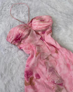 Vestido de noche con volantes y estampado floral en gasa rosa, escote halter, corte sirena, vestido de gala Y8306