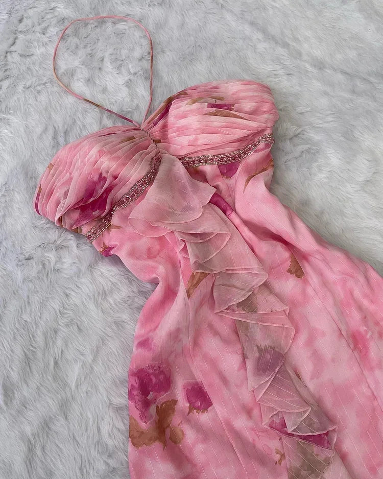 Vestido de noche con volantes y estampado floral en gasa rosa, escote halter, corte sirena, vestido de gala Y8306