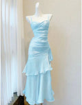 Vestido de Noite Elegante Azul Sereia com Camadas e Alças Finas Vestido de Baile Y8066