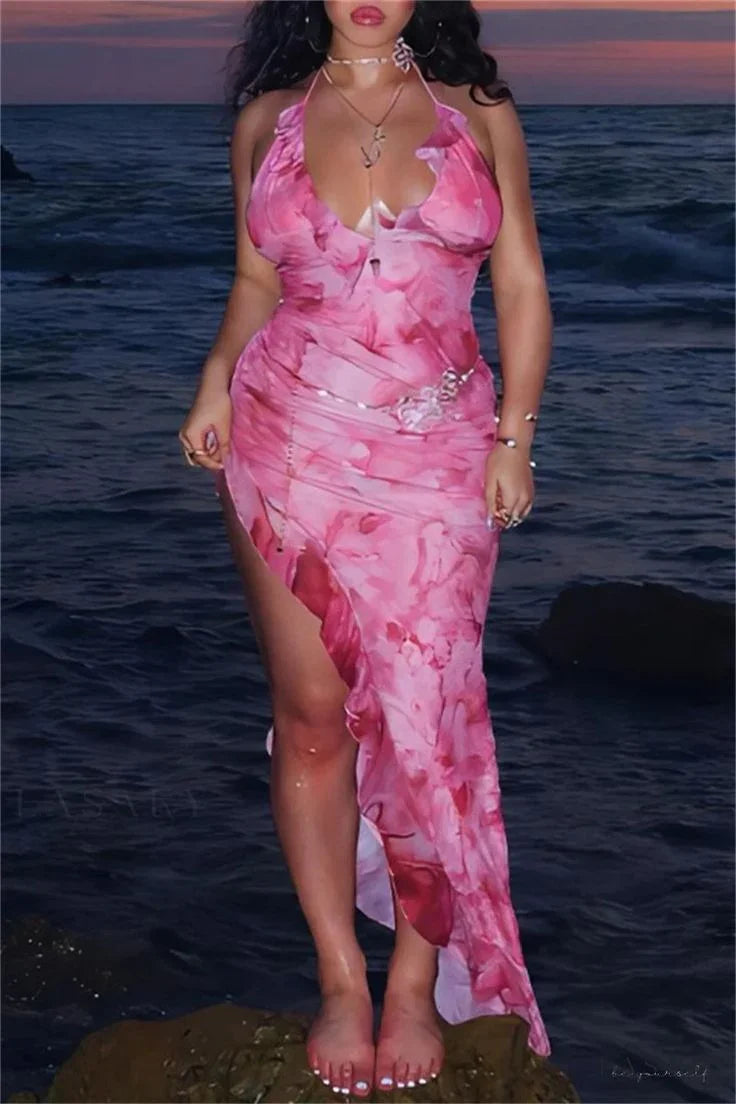 Pink Halter Chiffon Print Ruffles Evening Dress Side Slit Prom Dress Y8256