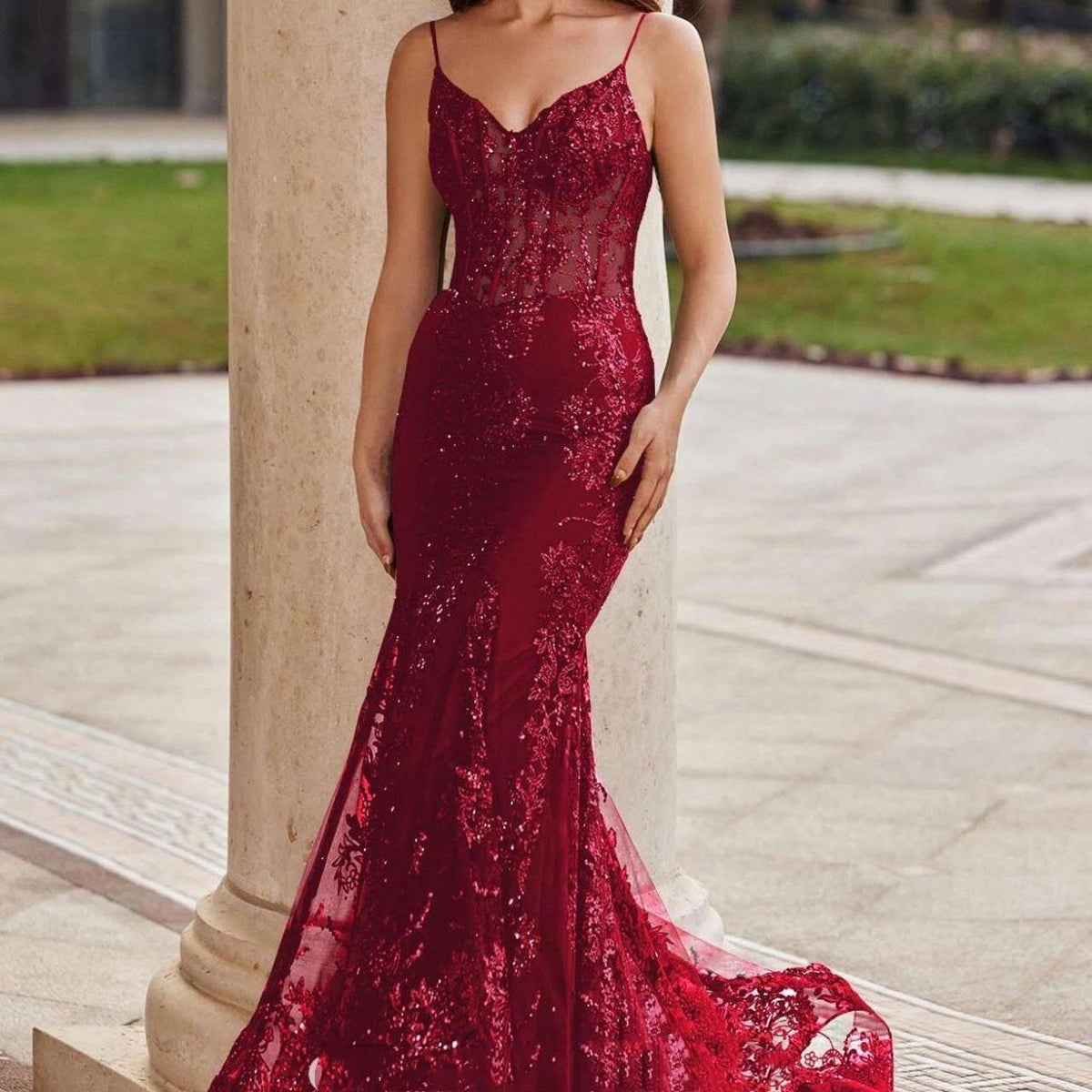 Charming Red Mermaid Lace Appliques Prom Dress,Evening Dress Winter Dance Dress Y4345