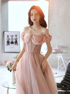 Robe longue de bal rose en tulle avec perles et décolleté en cœur, robe de soirée rose, Y2406